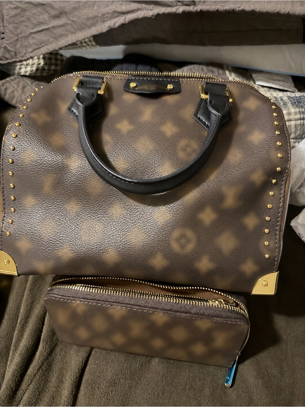 Brown Monogram Shoulder Bag with Matching Pouch